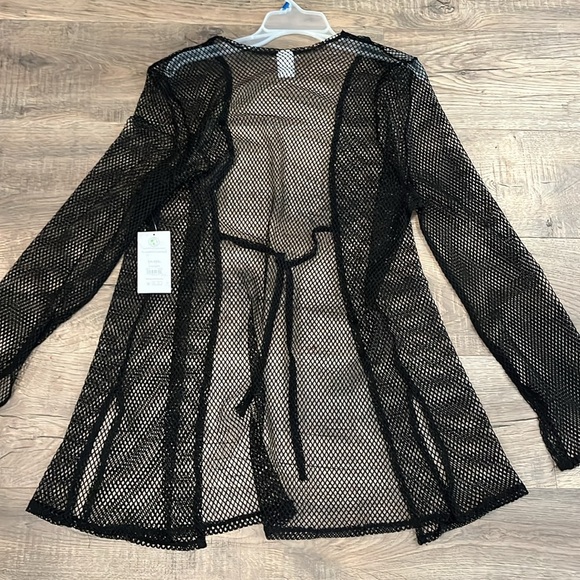 NEW 2x 3x Sheer black mesh long cardigan Cover up fish net tie waist long sleeve - Picture 1 of 13